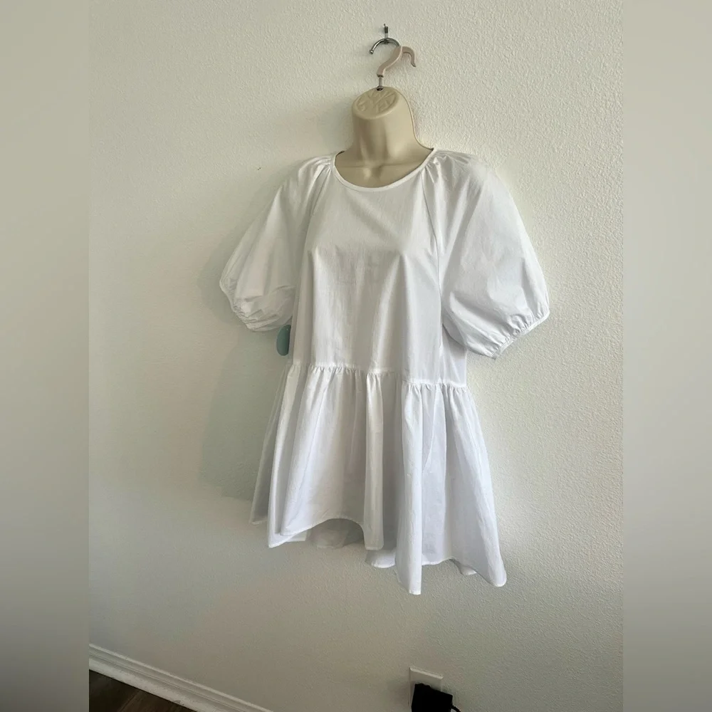 Hill House NWT Sz S Francesca Tunic Top White Cotton Puff Sleeve Modest High-Low